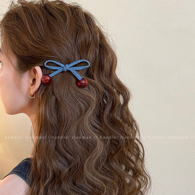 韩系牛仔蝴蝶结樱桃发夹女侧边夹前额碎发刘海夹新款高端发卡发饰产品图