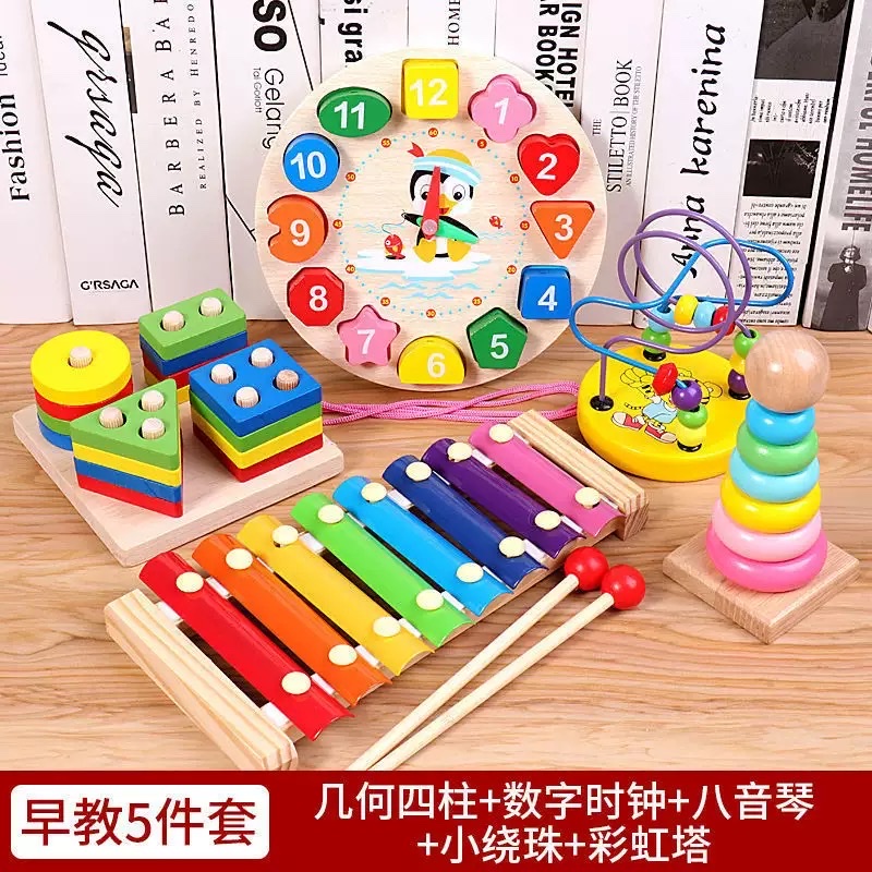 儿童木制八音琴扭扭虫小绕珠四套柱拼板积木宝宝早教益智玩具批发细节图