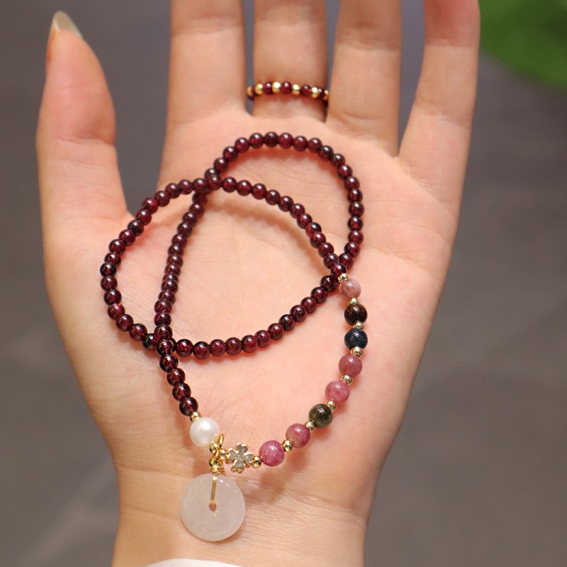 天然石榴石手串平安扣手链弹力手串粉色碧玺礼物网红女抖音同款详情图5