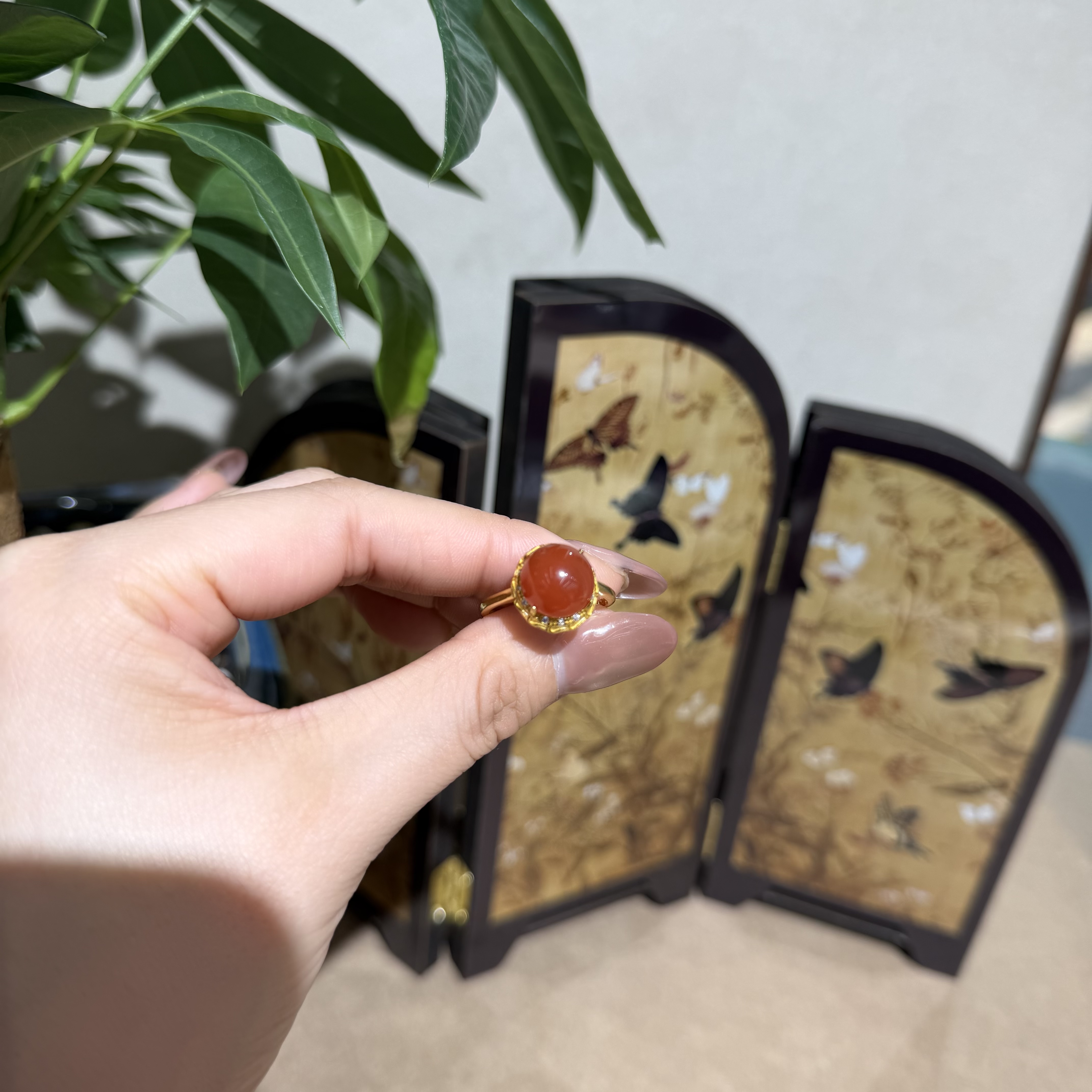 【一妃聚宝】天然南红戒指女新中式国风气质简约复古玉石开口戒详情图3