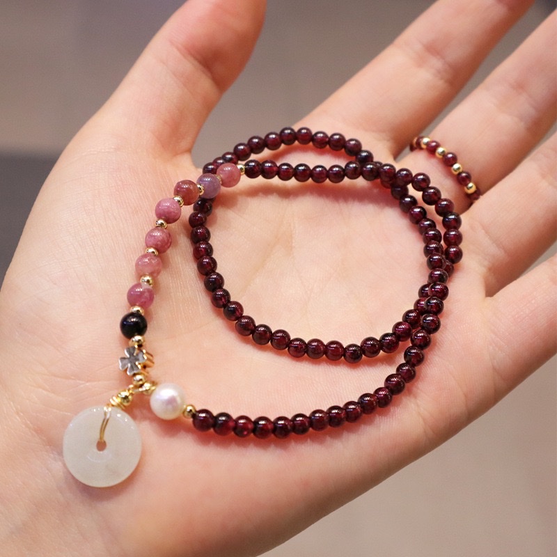 天然石榴石手串平安扣手链弹力手串粉色碧玺礼物网红女抖音同款详情图4