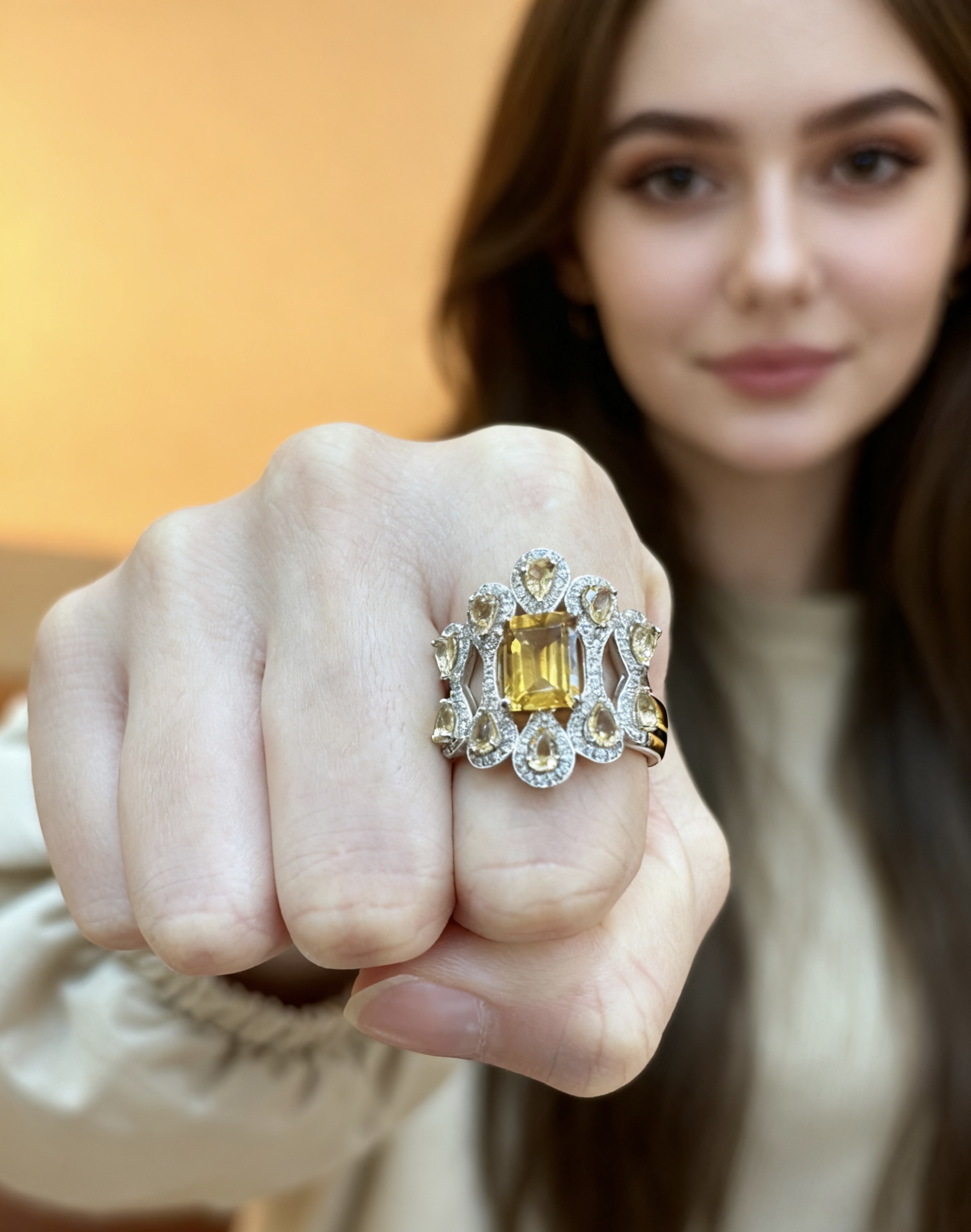 s925银镶嵌天然黄水晶戒指中古拉丝戒指饰品时尚大气简约