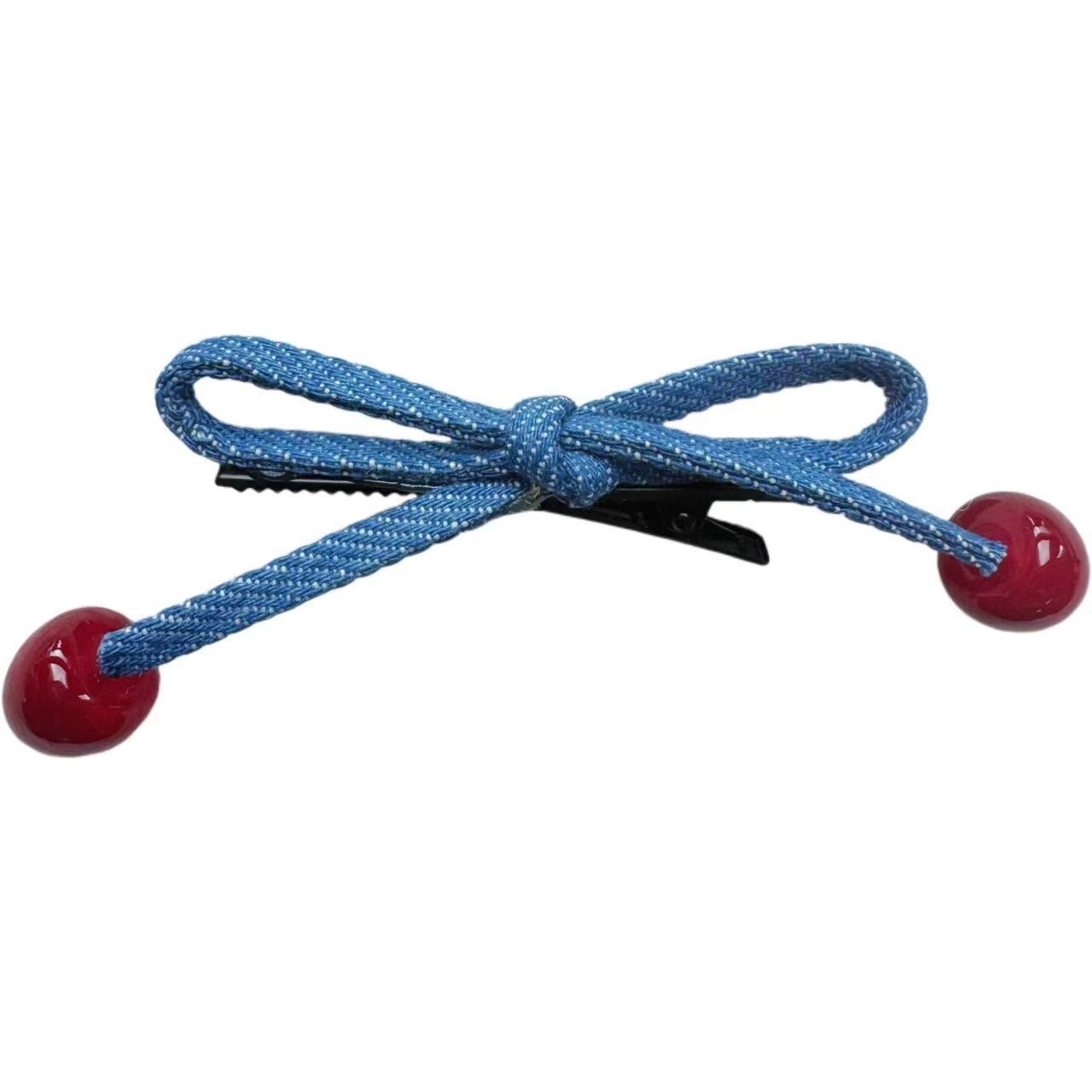 韩系牛仔蝴蝶结樱桃发夹女侧边夹前额碎发刘海夹新款高端发卡发饰白底实物图