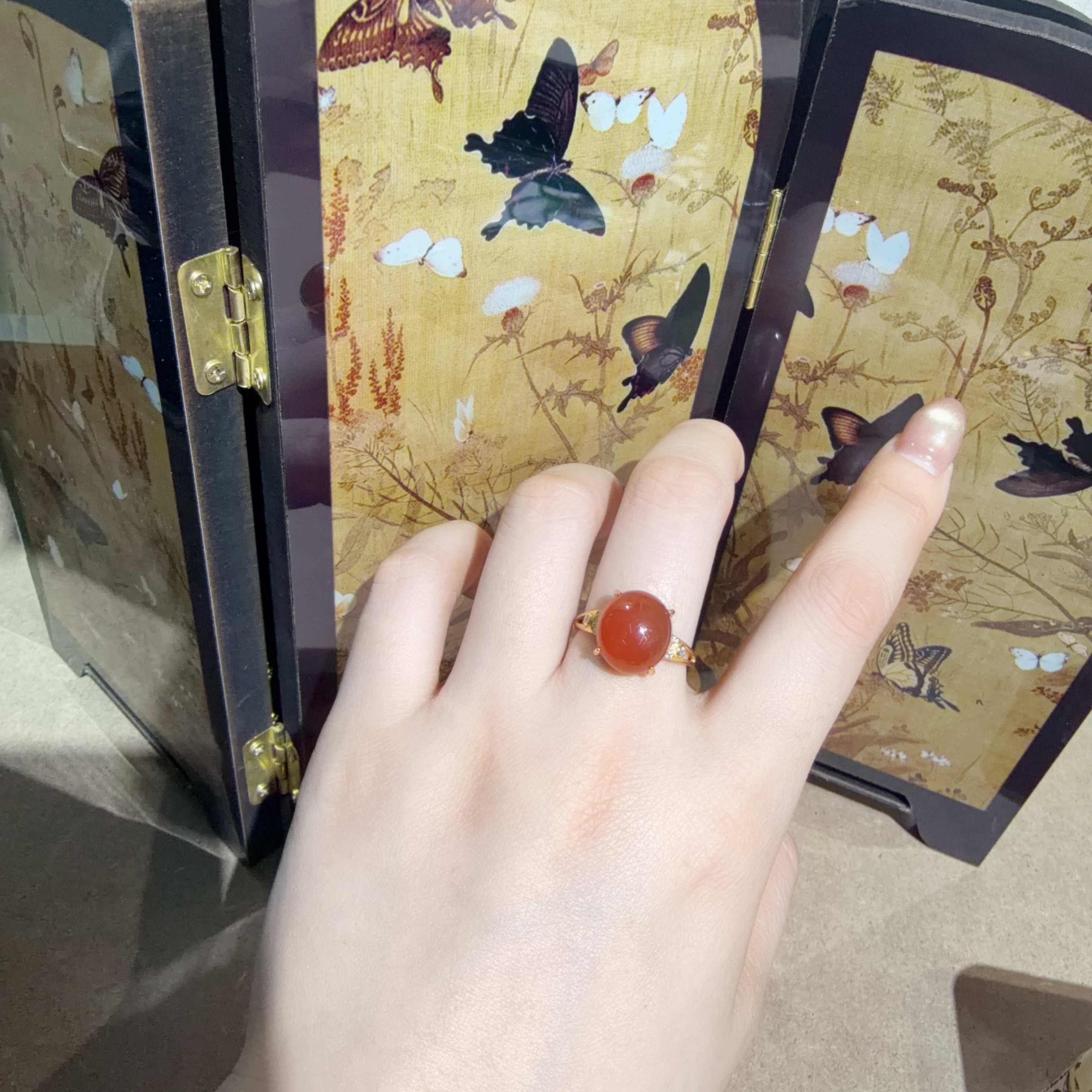 【一妃聚宝】天然南红蛋面戒指女新中式国风银镶开口戒戒指女