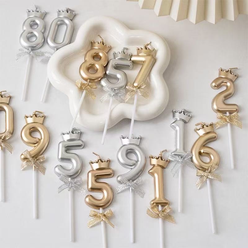 派对蜡烛蝴蝶结数字蜡烛，蛋糕用品，蜡烛派对用品，香槟色，银色玫瑰，女神女孩，男孩生日派对装饰用品装饰插件