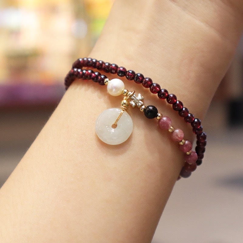 天然石榴石手串平安扣手链弹力手串粉色碧玺礼物网红女抖音同款详情图6