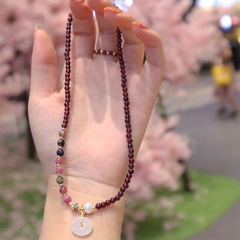 天然石榴石手串平安扣手链弹力手串粉色碧玺礼物网红女抖音同款详情图3