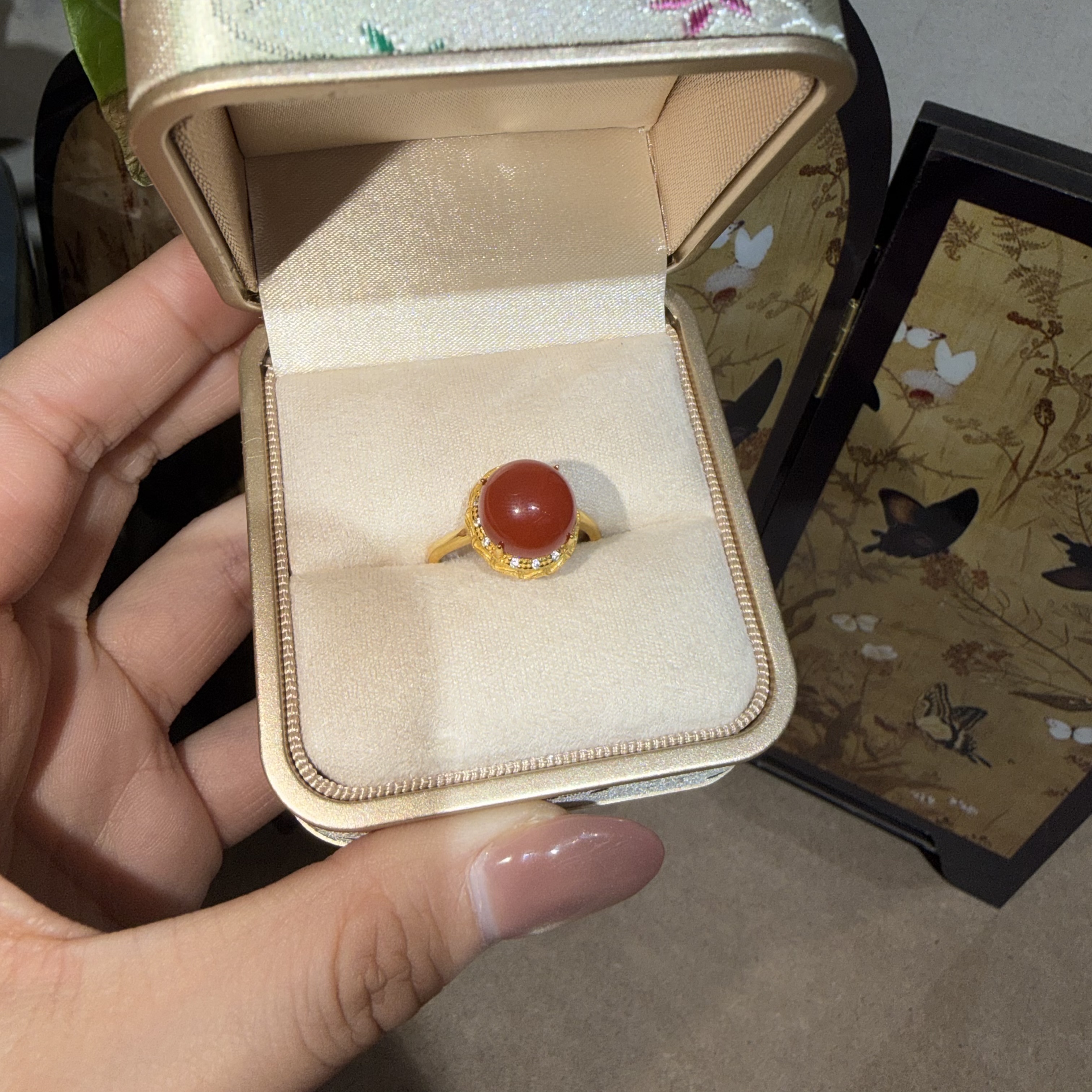 【一妃聚宝】天然南红戒指女新中式国风气质简约复古玉石开口戒详情图5