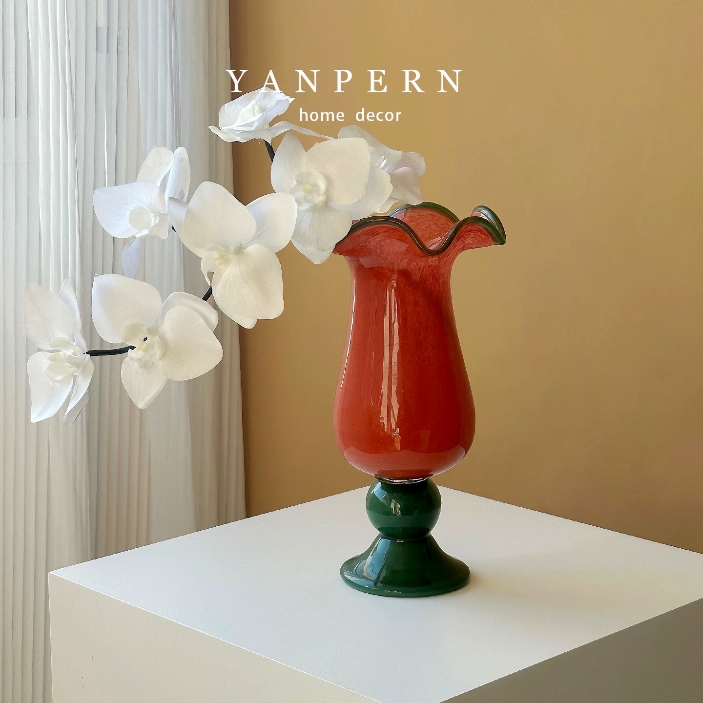 YANPERN vintage handcrafted glass vases for home living room decoration, high-footed flower-shaped glass flower vases detail image 2