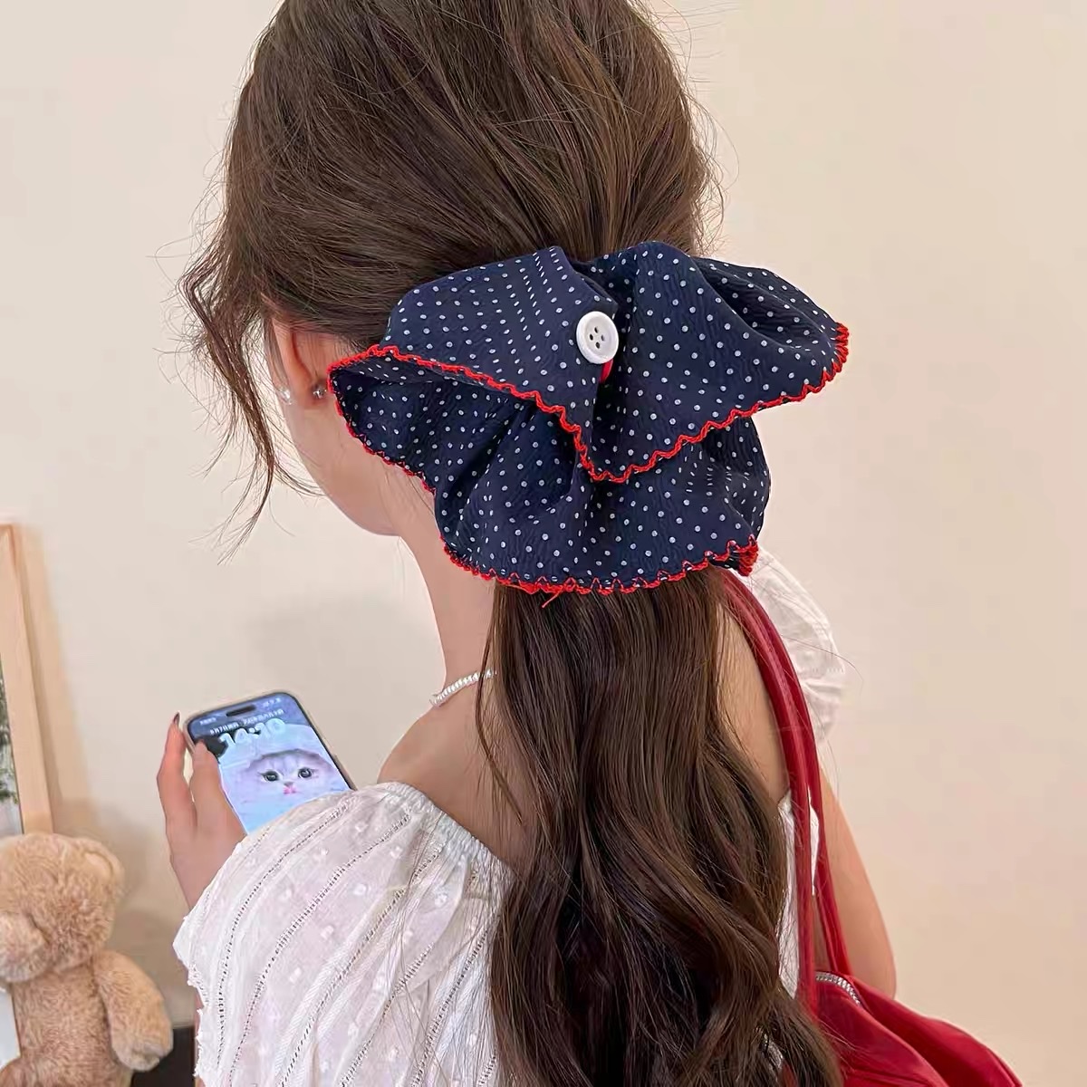 韩系波点方巾大肠发圈女高级感慵懒风头饰超大方形发绳头饰发饰饰品产品图