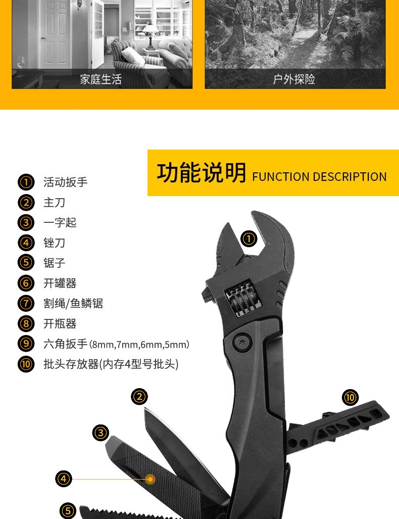 多功能扳手户外便携组合小刀批头工具活动扳手车载应急居家维修 详情图3