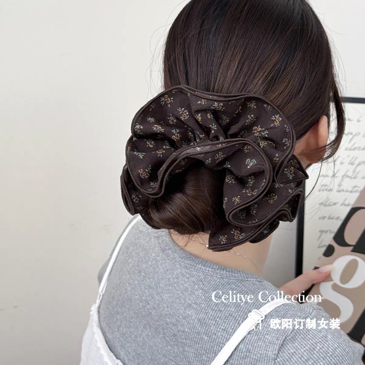 复古韩系棕色小碎花四层锁边大肠发圈女高级感扎发头绳丸子头发饰