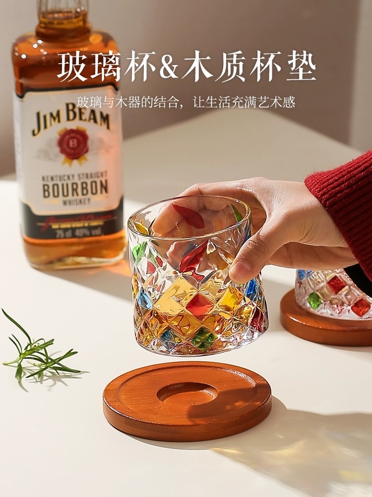 威士忌酒杯高级感洋酒杯家用旋转不倒翁玻璃啤酒杯子高颜值