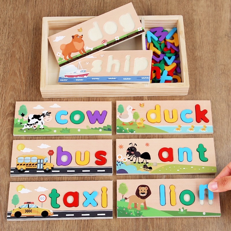 Cross-border children's wooden box word spelling game, English letter early education cognitive spelling, kindergarten wooden educational toys Specification image