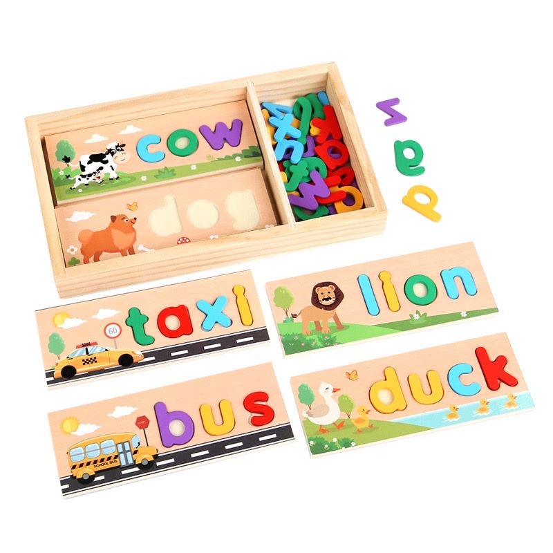 Cross-border children's wooden box word spelling game, English letter early education cognitive spelling, kindergarten wooden educational toys Item Picture