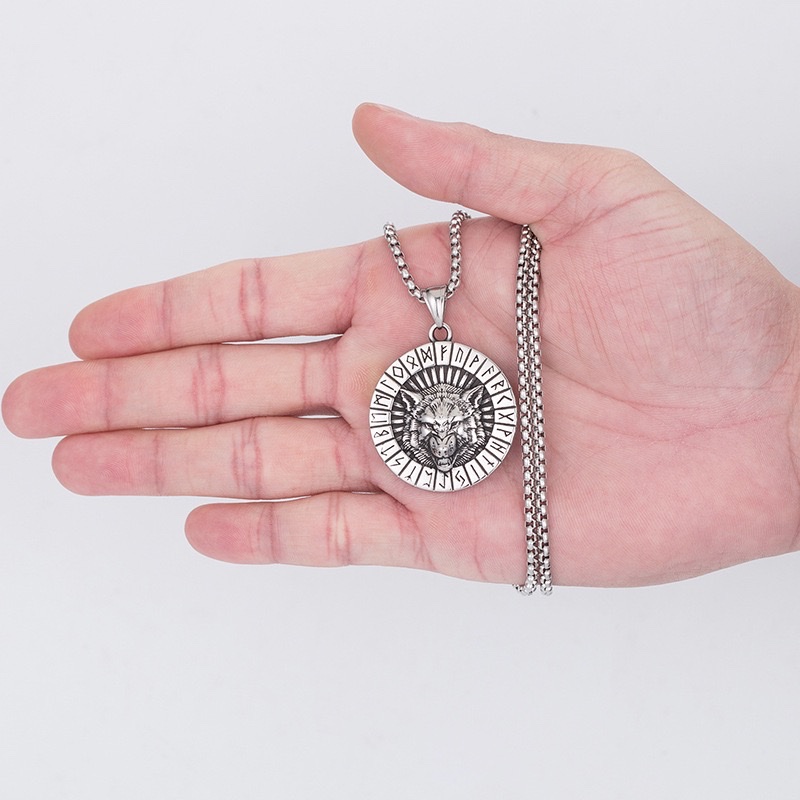 Wholesale of popular Nordic Viking Wolf head rune pendant necklaces for trendy men, long stainless steel necklaces detail image 4
