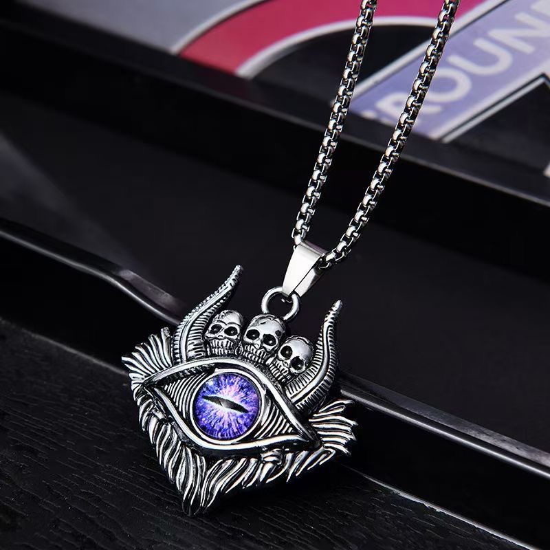 New Devil's Eye necklace, European and American, evil men titanium steel luminous eyes, trendy men hip-hop titanium jewelry necklace, stainless steel necklace, pearl necklace detail image 7
