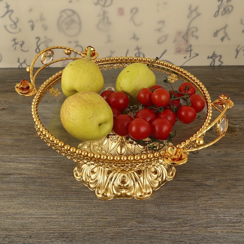 Metal glass fruit plate, home creative living room coffee table, fruit plate, fruit basin, pastry plate, Western dining plate, decorative item, glass fruit plate