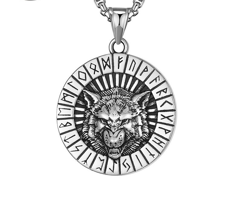 外贸热销北欧维京人狼头符文吊坠项链潮男长款项链批发不锈钢项链