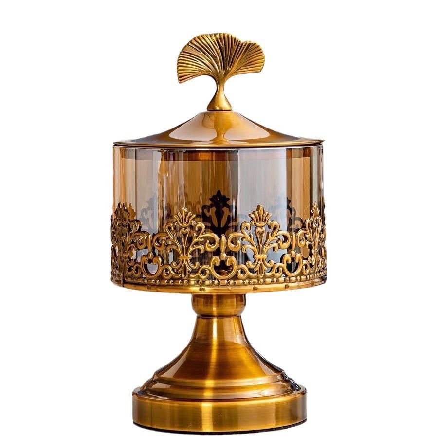 奢华储物罐金色带盖玻璃欧式美式茶几客厅糖果零食收纳装饰摆件