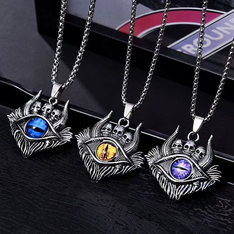 New Devil's Eye necklace, European and American, evil men titanium steel luminous eyes, trendy men hip-hop titanium jewelry necklace, stainless steel necklace, pearl necklace Item Picture