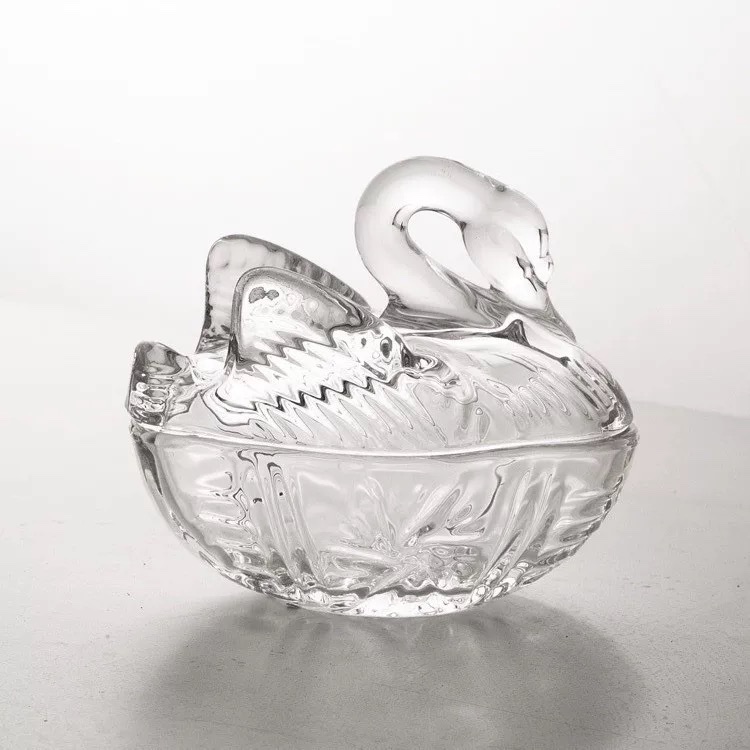 Wholesale of creative swan relief glass sugar jar, swan shaped jewelry box, cotton swab storage glass jar