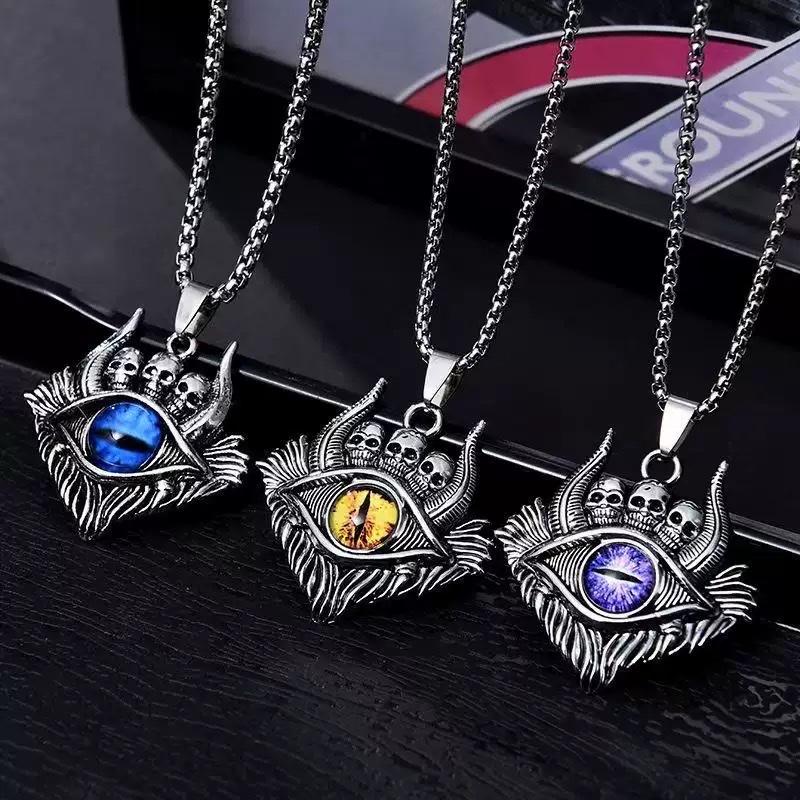 New Devil's Eye necklace, European and American, evil men titanium steel luminous eyes, trendy men hip-hop titanium jewelry necklace, stainless steel necklace, pearl necklace detail image 6