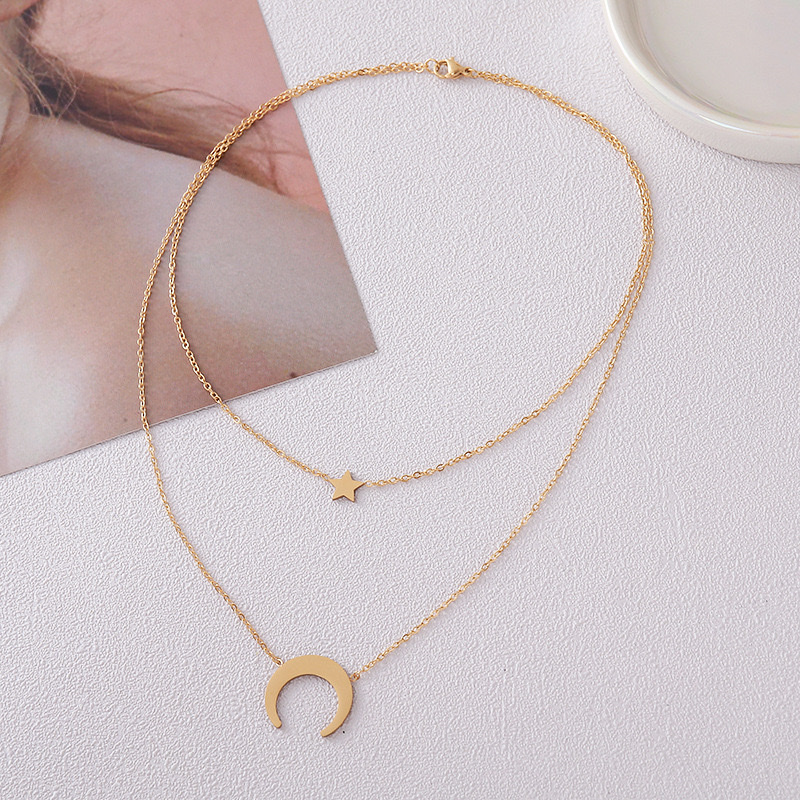 不锈钢双层月亮五角星项链金色女士简约气质项链批发