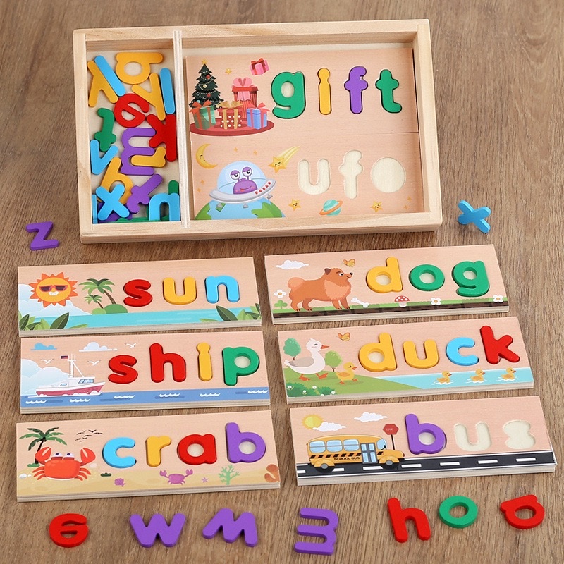 Cross-border children's wooden box word spelling game, English letter early education cognitive spelling, kindergarten wooden educational toys detail image 3