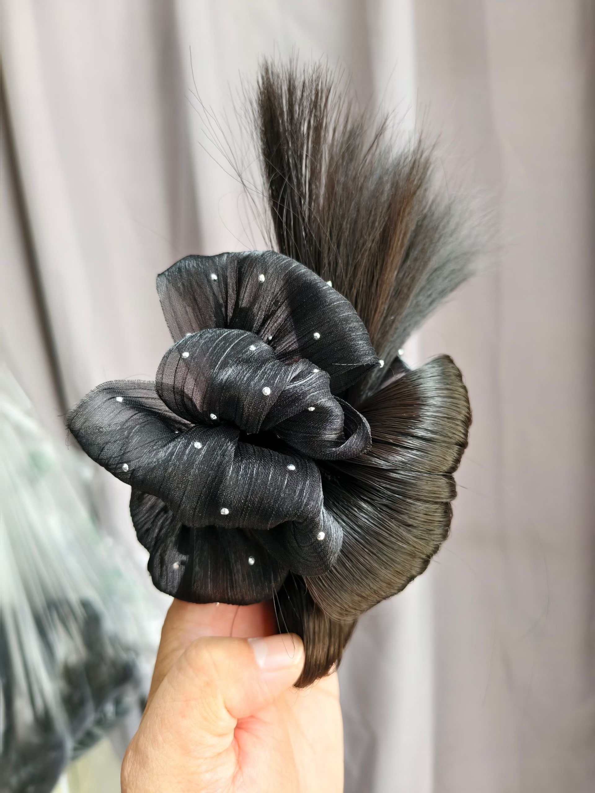 A wig with a satin fringe and a square dance mom's braid details Picture