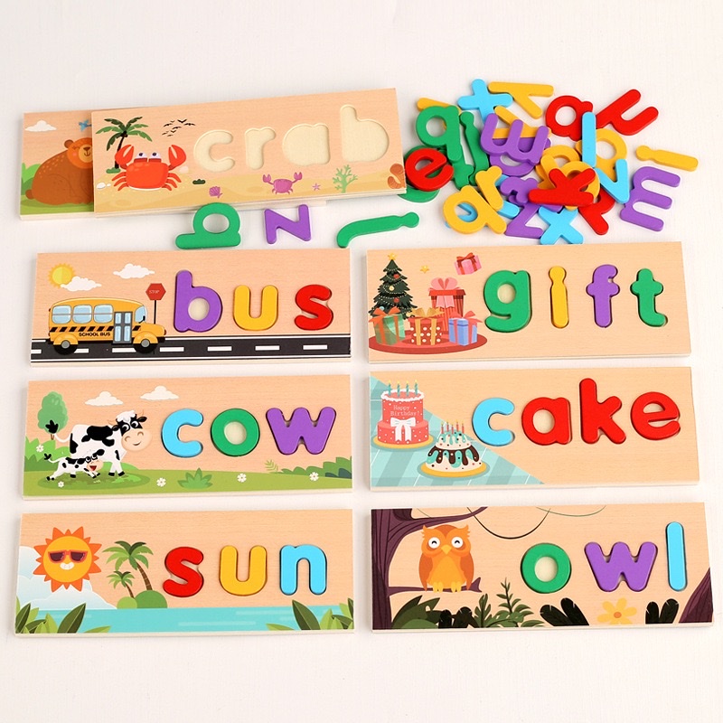 Cross-border children's wooden box word spelling game, English letter early education cognitive spelling, kindergarten wooden educational toys details Picture