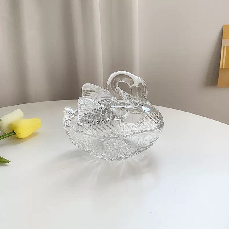 Wholesale of creative swan relief glass sugar jar, swan shaped jewelry box, cotton swab storage glass jar details Picture