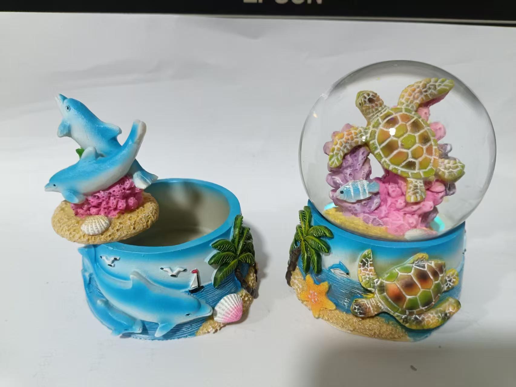 工厂定制树脂玻璃水球海洋系列水球沙滩乌龟海洋旅游装饰摆件水晶球