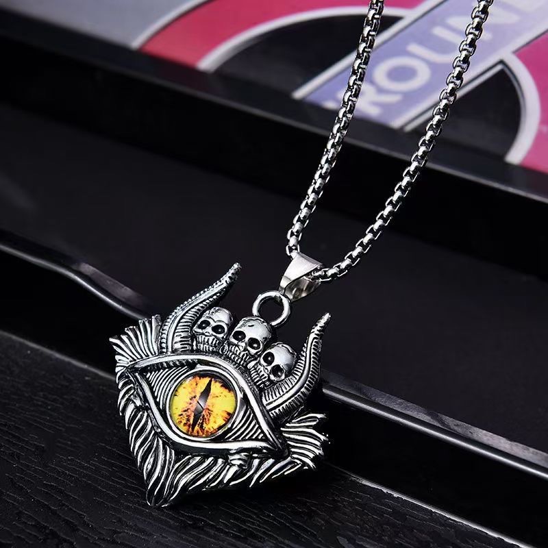 New Devil's Eye necklace, European and American, evil men titanium steel luminous eyes, trendy men hip-hop titanium jewelry necklace, stainless steel necklace, pearl necklace Specification image