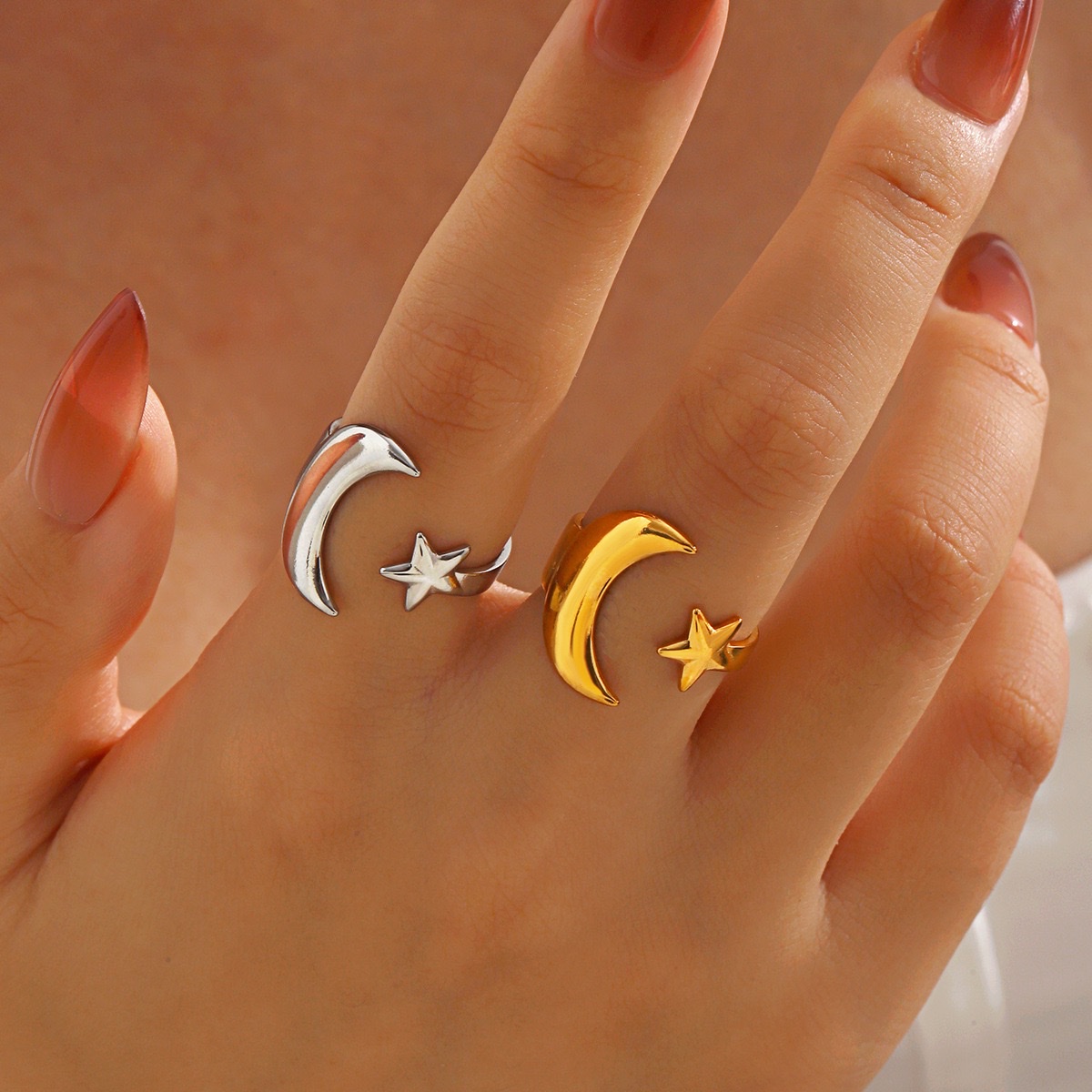 欧美时尚流行简约风月亮星星戒指个性民族风星月图案不锈钢楲指