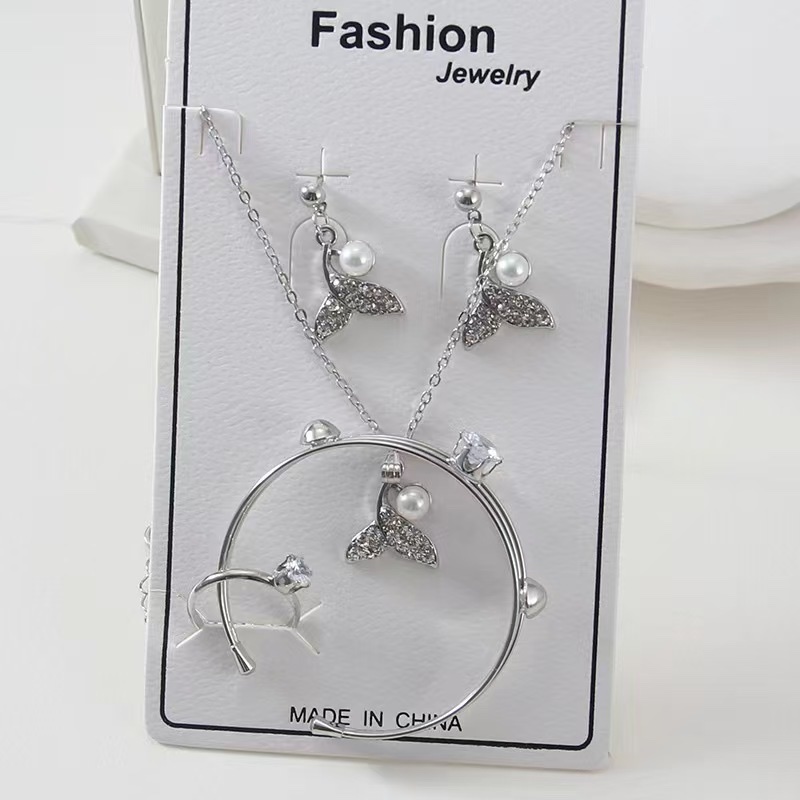 5pcs/set简约首饰时尚百搭手链戒指耳环珍珠水钻瓜链项链时尚简约百搭女士首饰配饰项