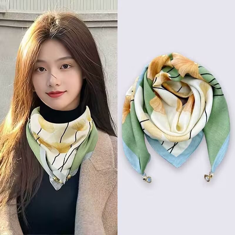 New magnetic buckle 70*70 scarf for women, windproof, warm, high-end, retro and fashionable decoration, paired with a scarf and square scarf details Picture