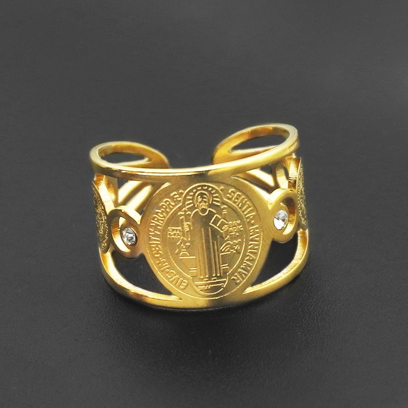 欧美百搭热销不锈钢圣本笃驱魔牌钛钢男士开口指环戒指详情图7