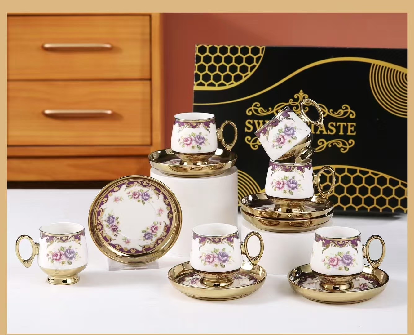 陶瓷咖啡杯6杯6碟电镀金外贸专用