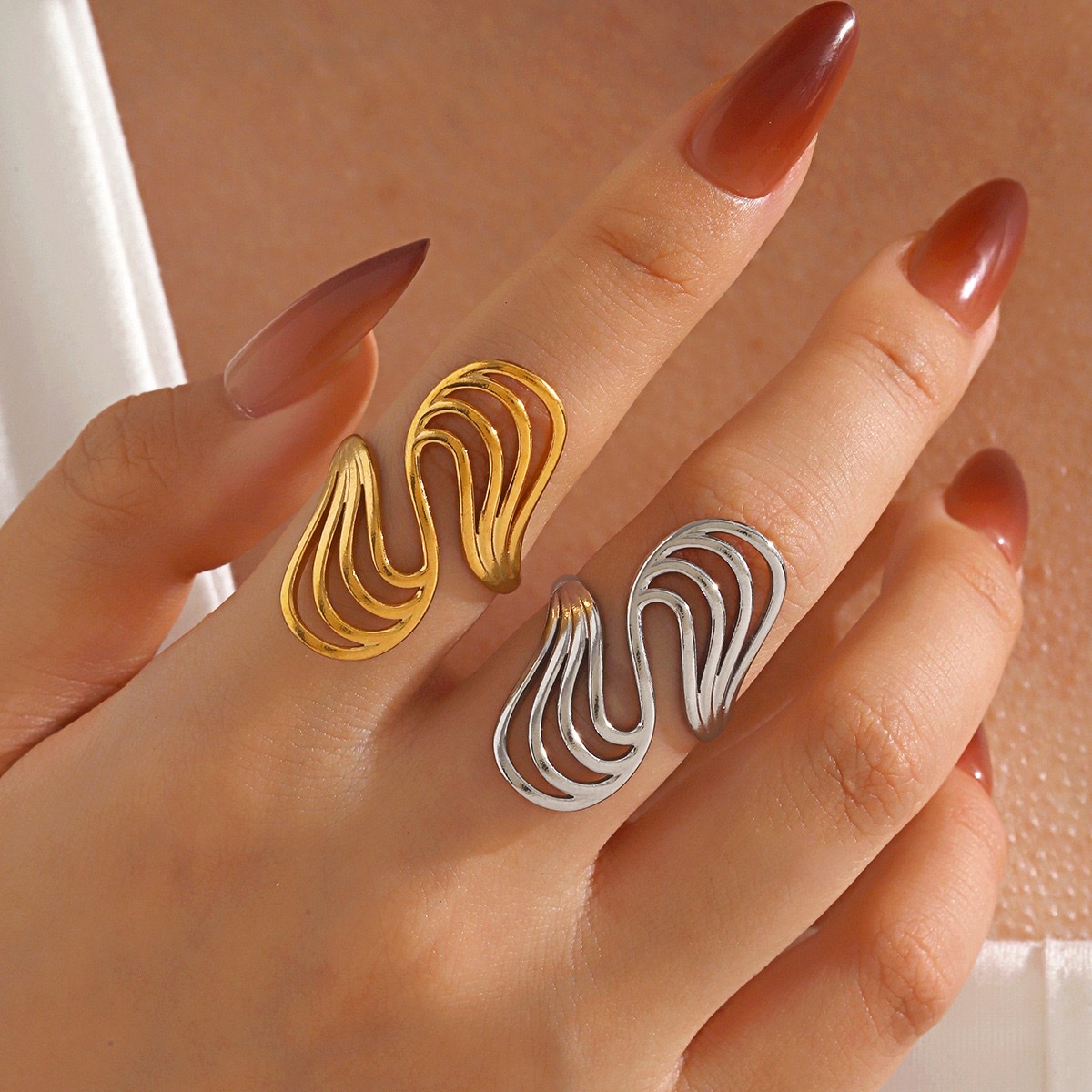 欧美夸张流行几何线条开口戒指不锈钢18K镀金钛钢指环工厂首饰