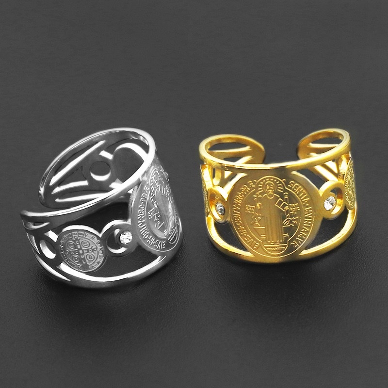 欧美百搭热销不锈钢圣本笃驱魔牌钛钢男士开口指环戒指