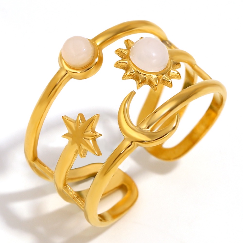 欧美时尚气质小众个性高级感手饰不锈钢镀18K金月亮太阳开口戒指 