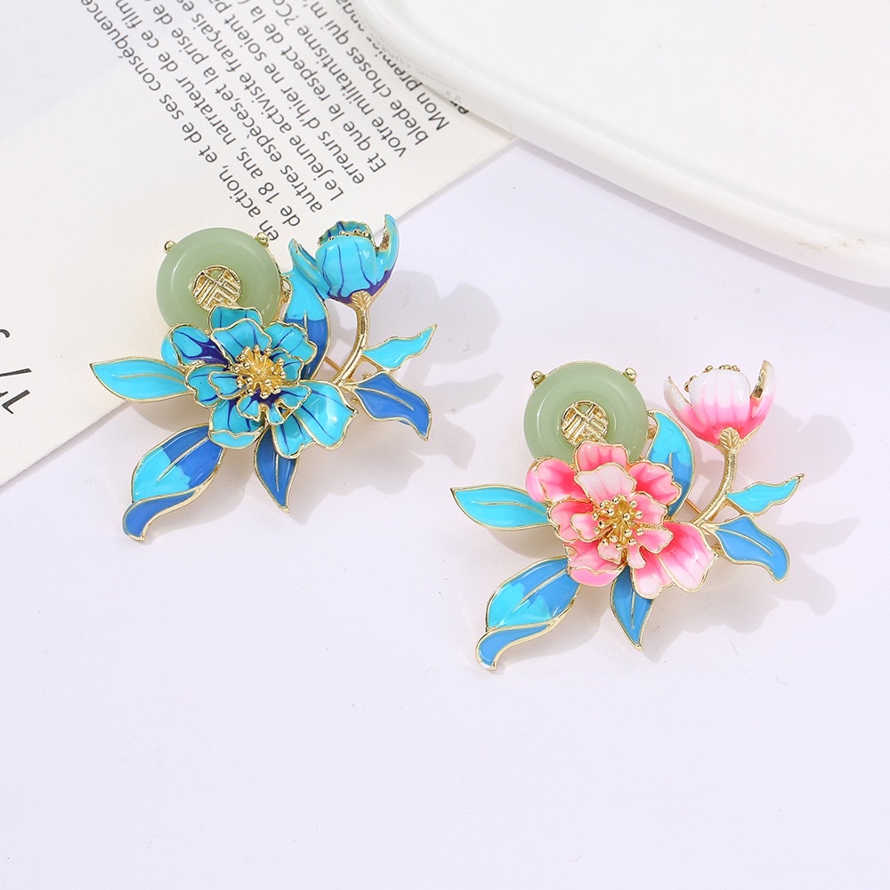福玉牡丹花胸针高档中国风珐琅彩釉国潮旗袍汉服配饰精致胸针批发 别针