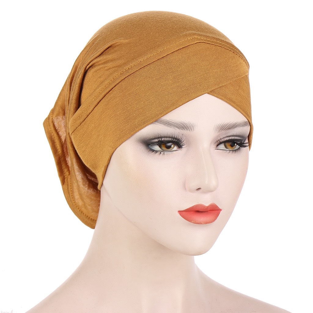 纯色丝光棉打底帽现货hijab妇女速卖通新款 多色前额交叉筒帽时尚