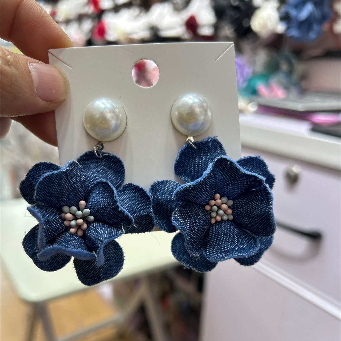 复古蓝色牛仔玫瑰花耳钉时髦辣妹大耳环酷飒风夸张独特布艺耳饰女