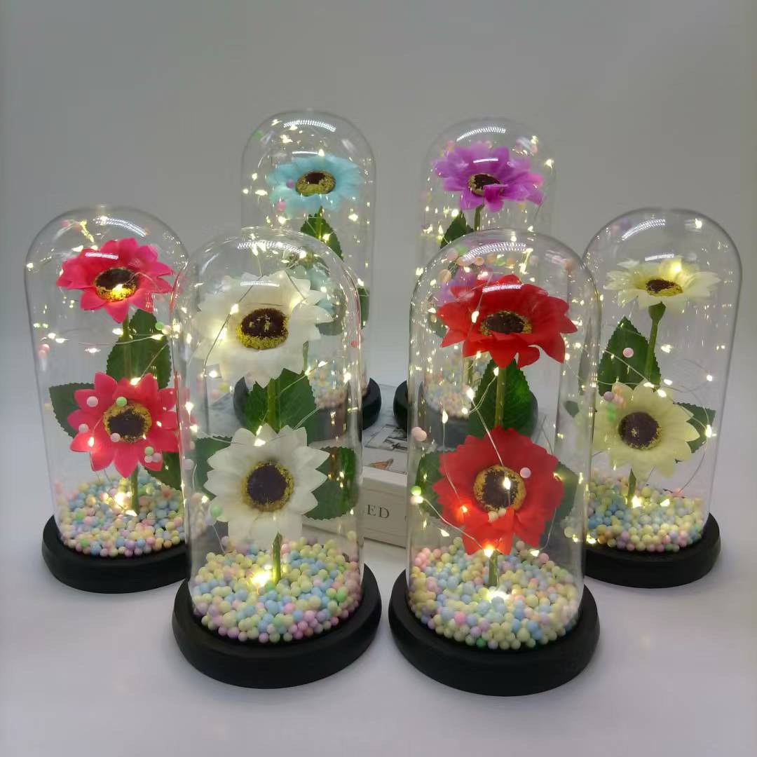 新款太阳花小夜灯,亚克力灯罩摆件约会礼物,向日葵永生花玻璃皂批发详情图3