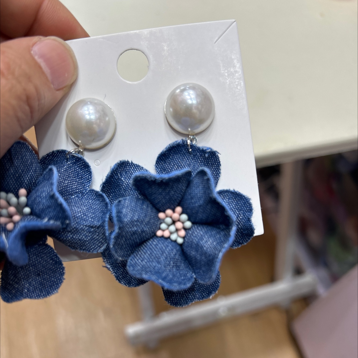 复古蓝色牛仔玫瑰花耳钉时髦辣妹大耳环酷飒风夸张独特布艺耳饰女详情图2