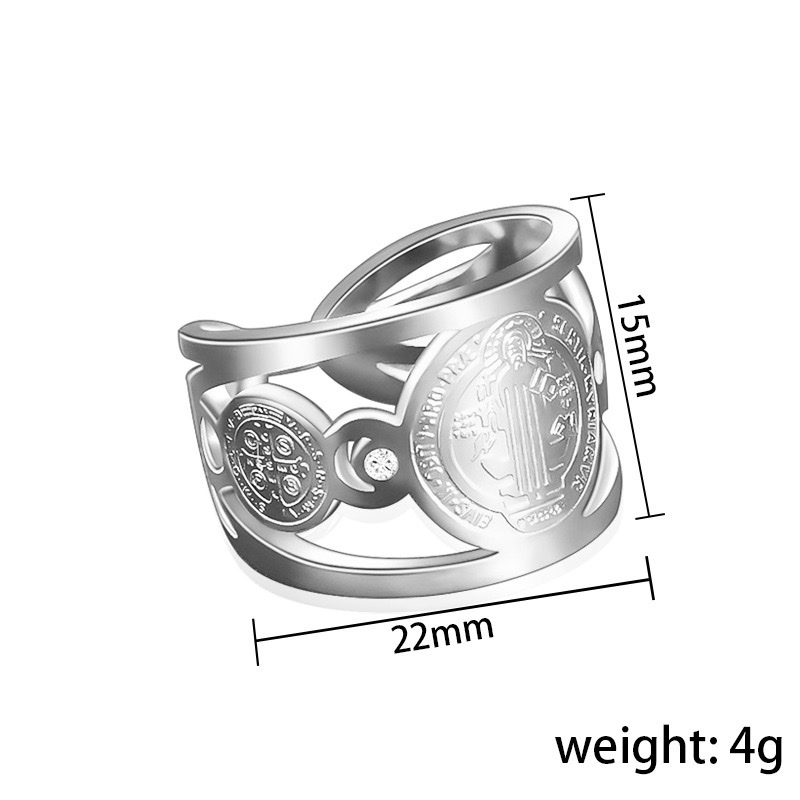 欧美百搭热销不锈钢圣本笃驱魔牌钛钢男士开口指环戒指白底实物图