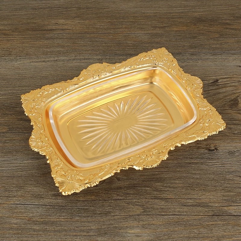 European-style retro golden square tray, living room coffee table, dried fruit plate, fruit plate, pastry plate, storage plate, decorative item plate, Western-style dinner plate, dinner plate Item Picture