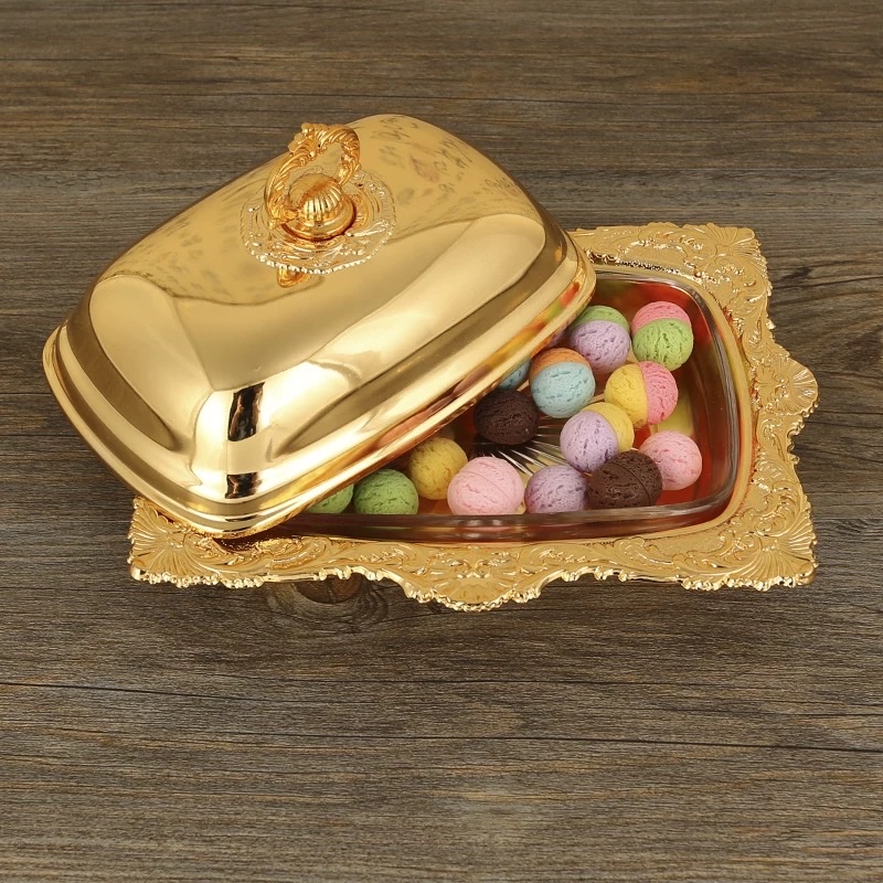 European-style retro golden square tray, living room coffee table, dried fruit plate, fruit plate, pastry plate, storage plate, decorative item plate, Western-style dinner plate, dinner plate details Picture